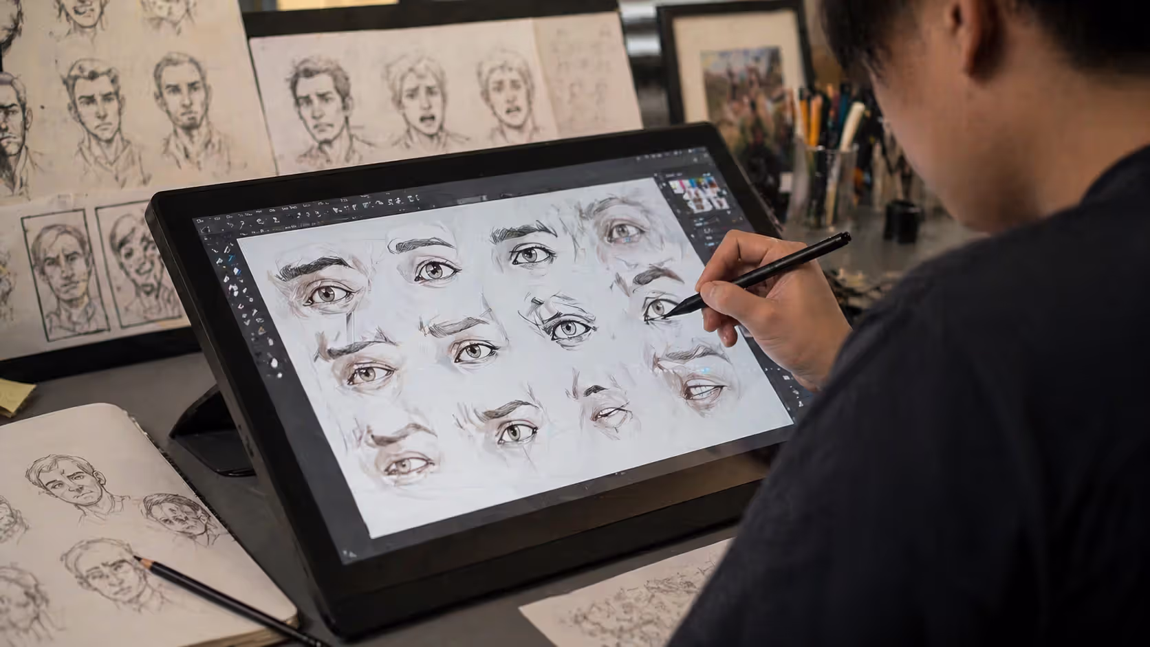 Eyes, brows, and mouth carry emotion