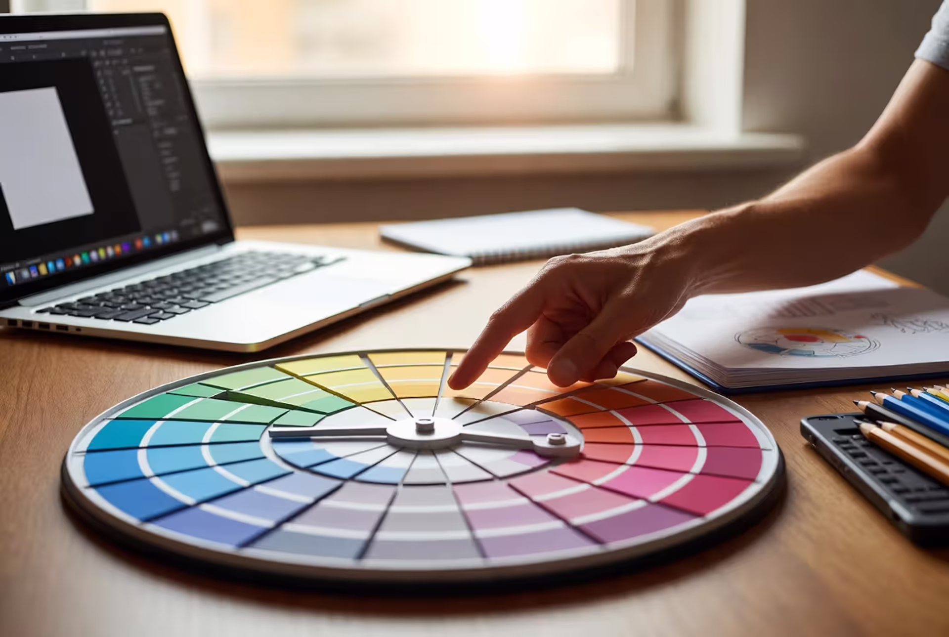 designer selecting analogous colors on color wheel