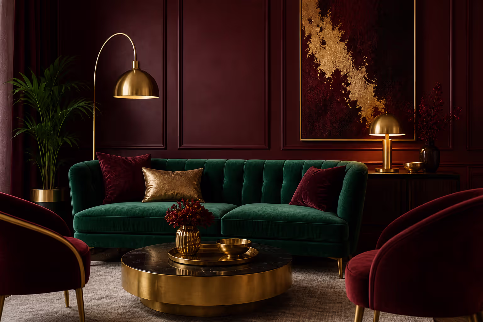 emerald or burgundy interior with gold accents creating rich palette