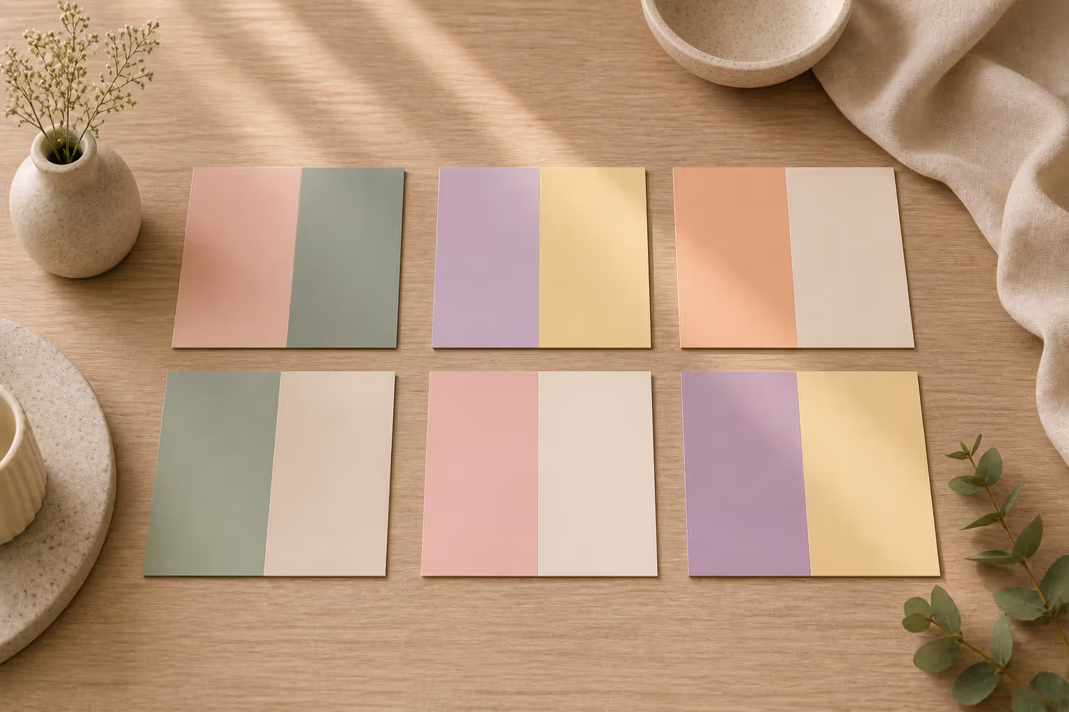 collection of pastel color pairings including blush sage lavender butter and peach cream