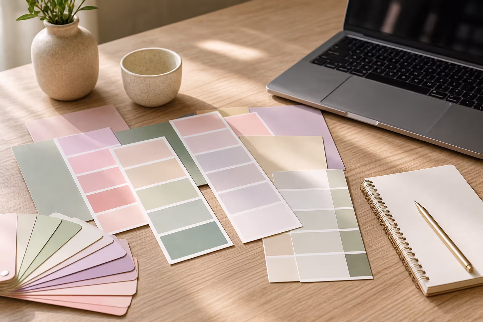 selecting soft pastel color palette on desk with swatches