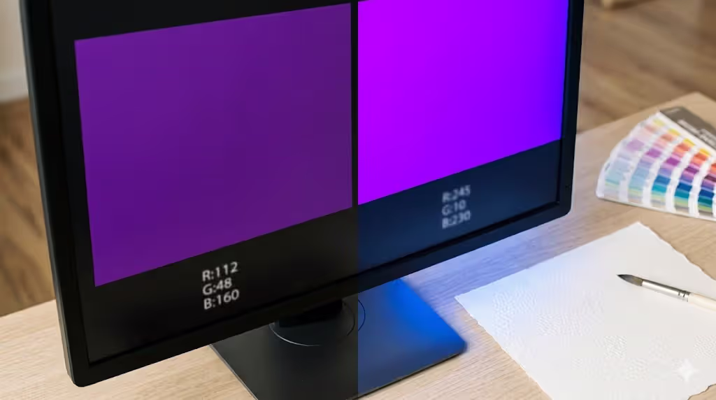 comparison between standard purple and neon violet color intensity