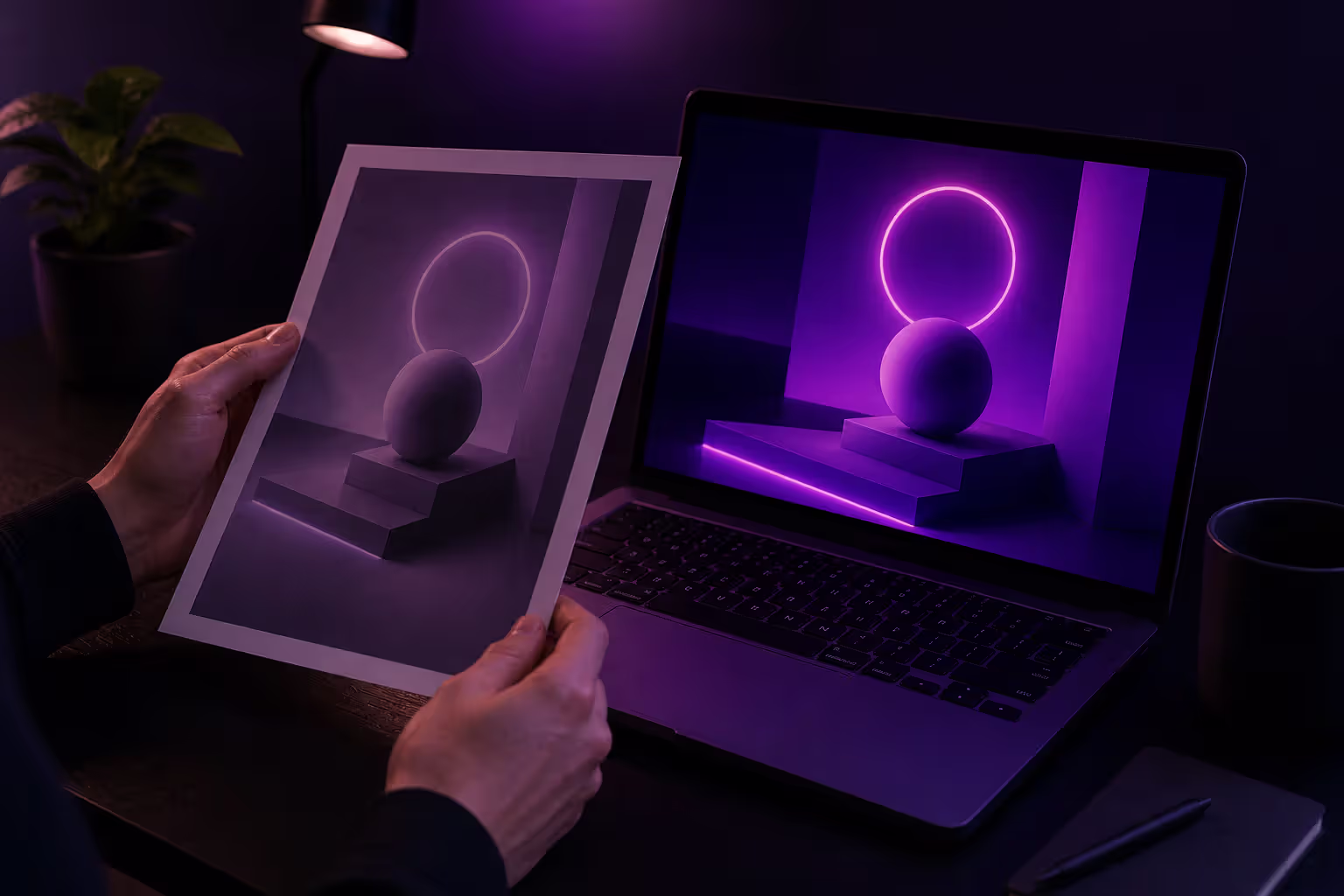 neon violet on screen versus dull printed version comparison