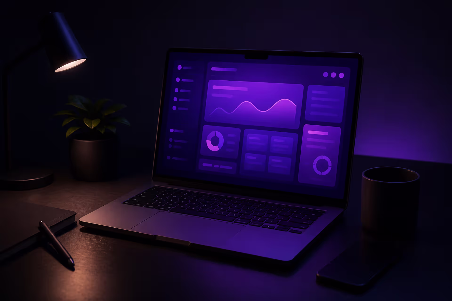 neon violet interface glowing on laptop in dark workspace