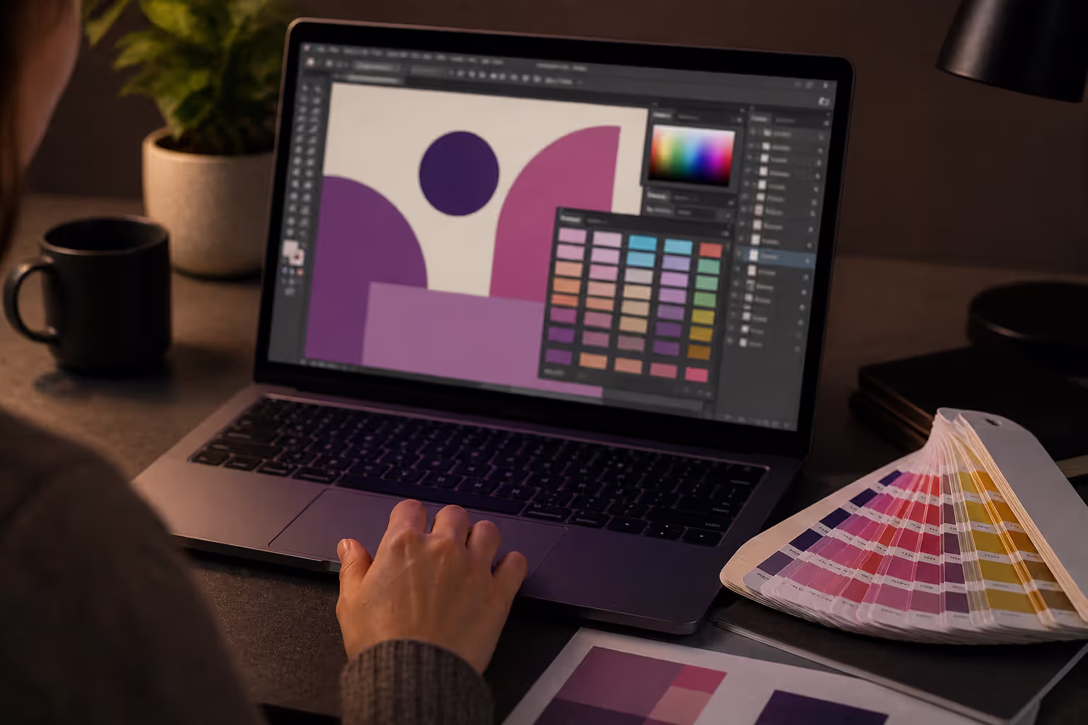 selecting pantone color in design software with physical guide reference