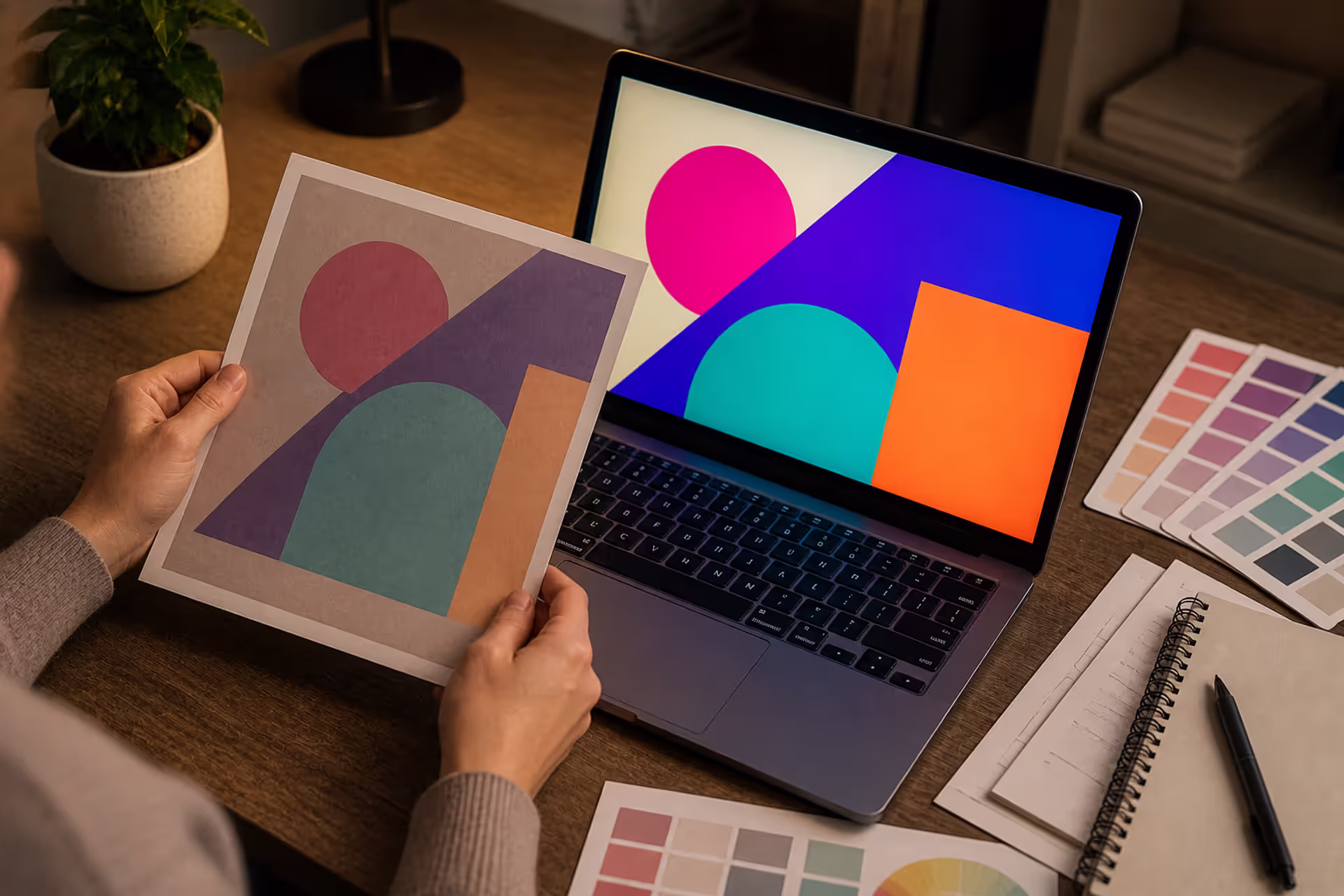 designer comparing RGB screen colors with printed sample differences