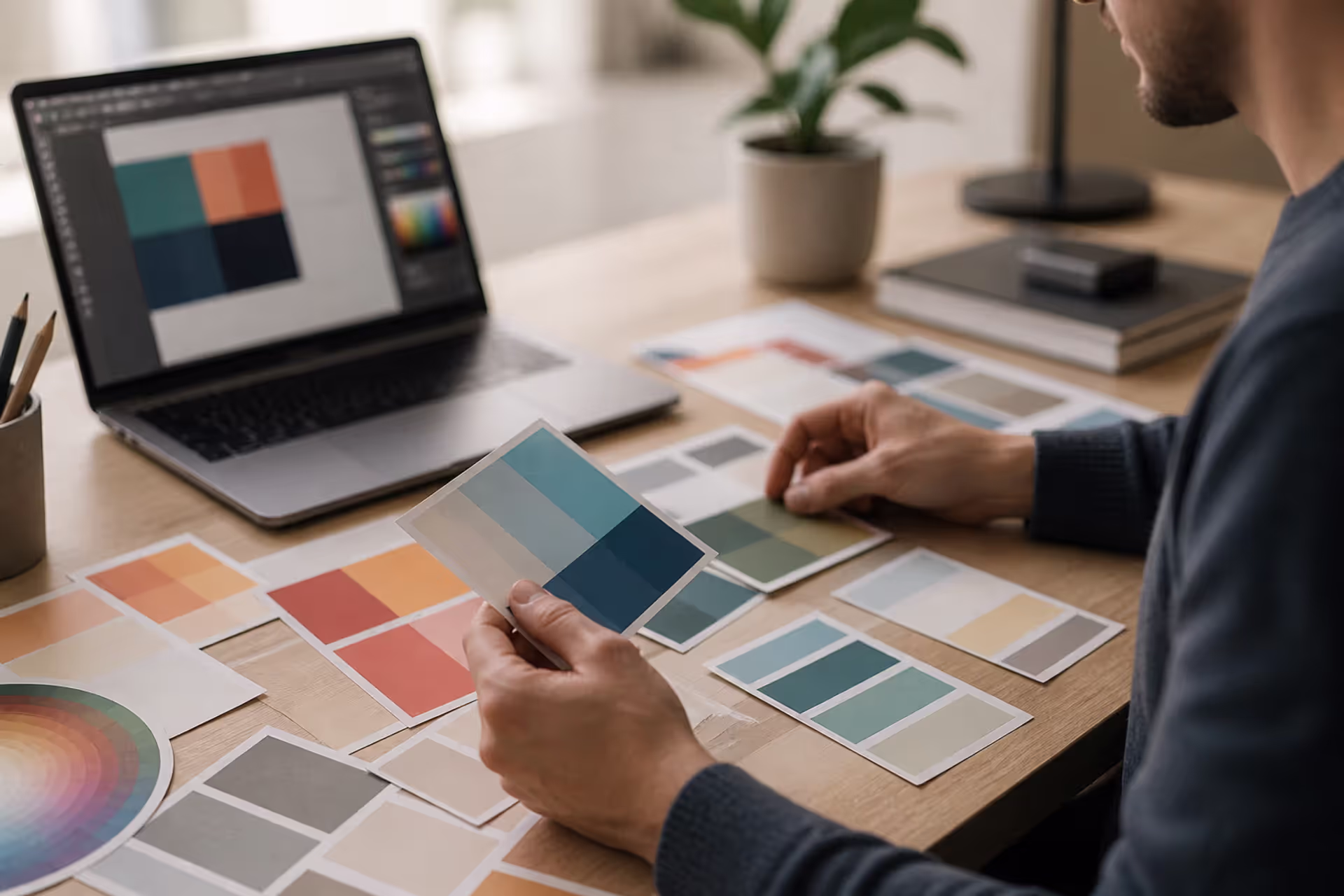 designer selecting color palette with swatches on desk