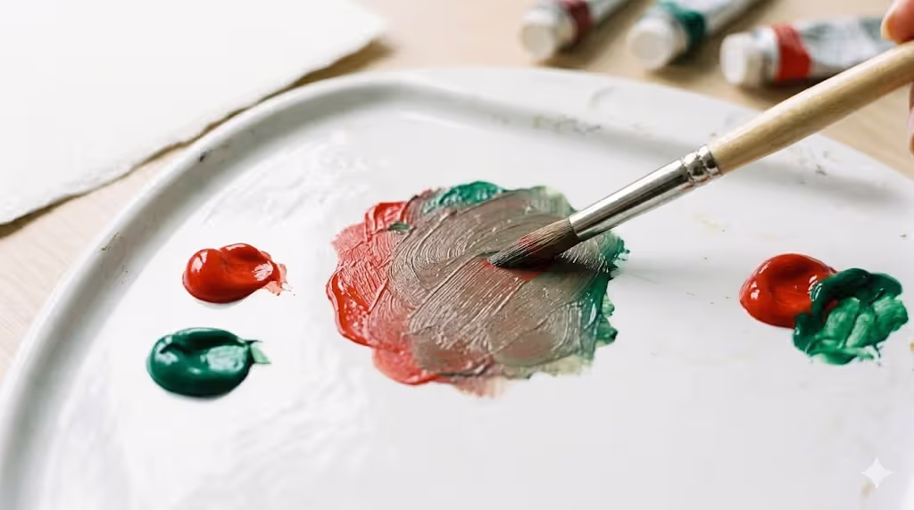 mixing red and green paint to create neutral color