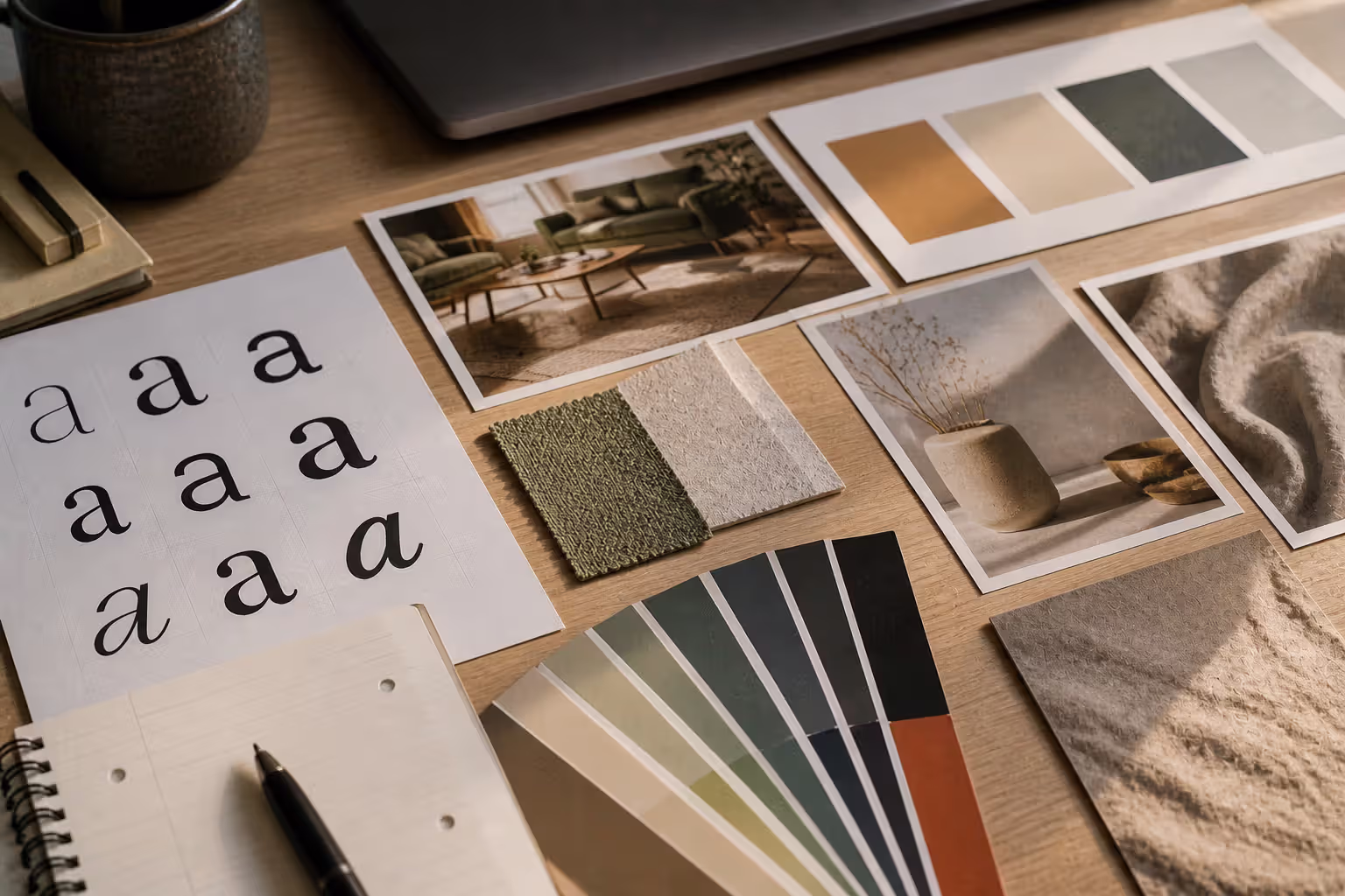 typography color swatches imagery and annotations on design desk