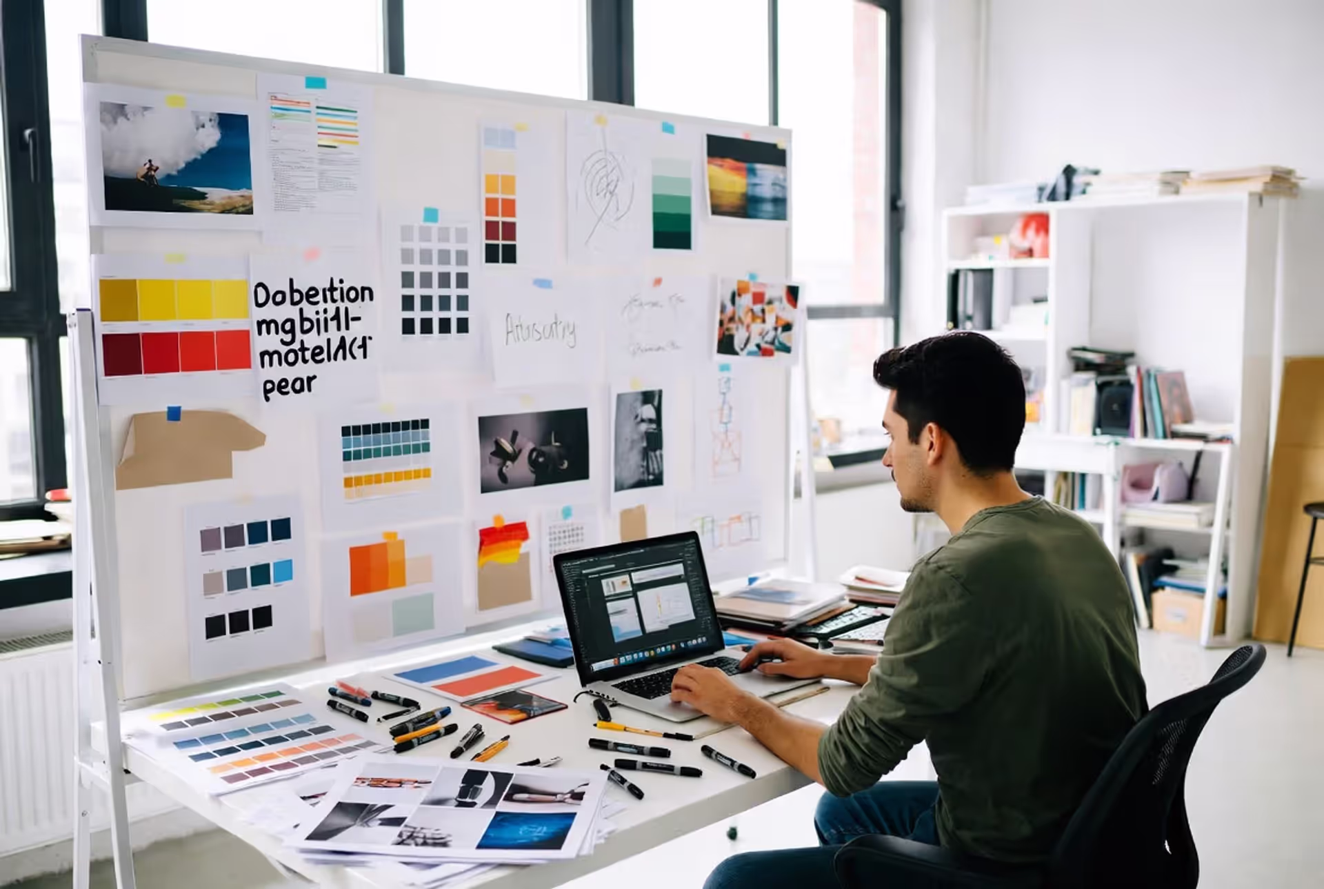 designer creating concept board with visual elements on wall