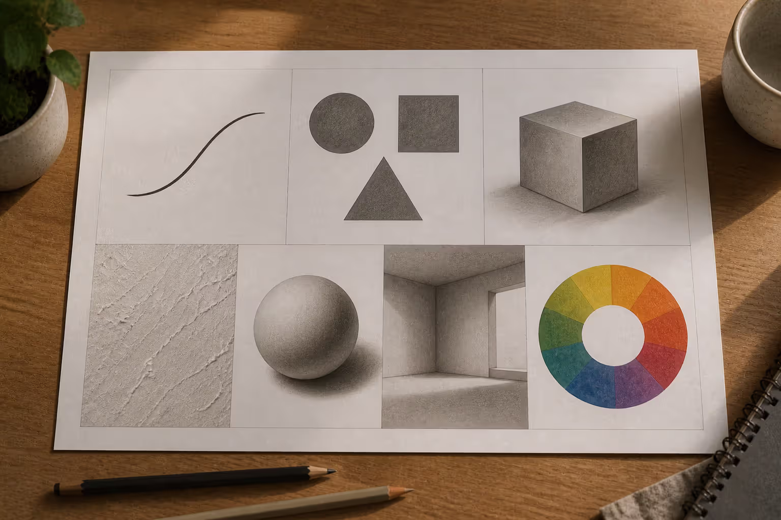 visual breakdown of seven elements of art on divided sheet