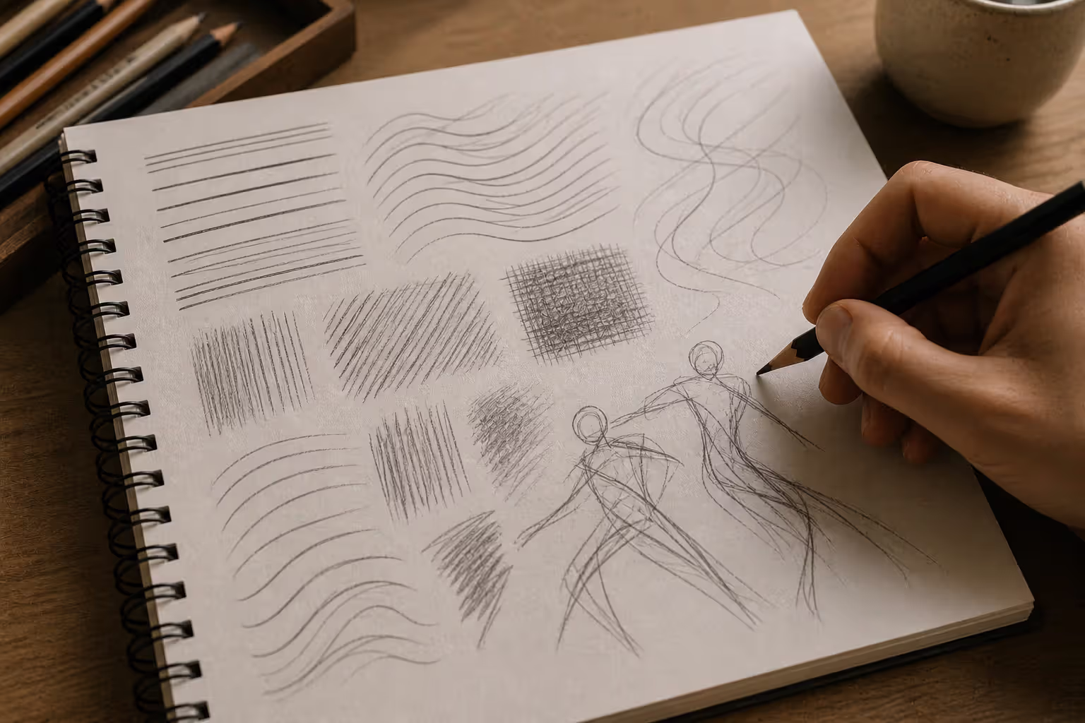 sketchbook showing different types of lines including hatching and gesture