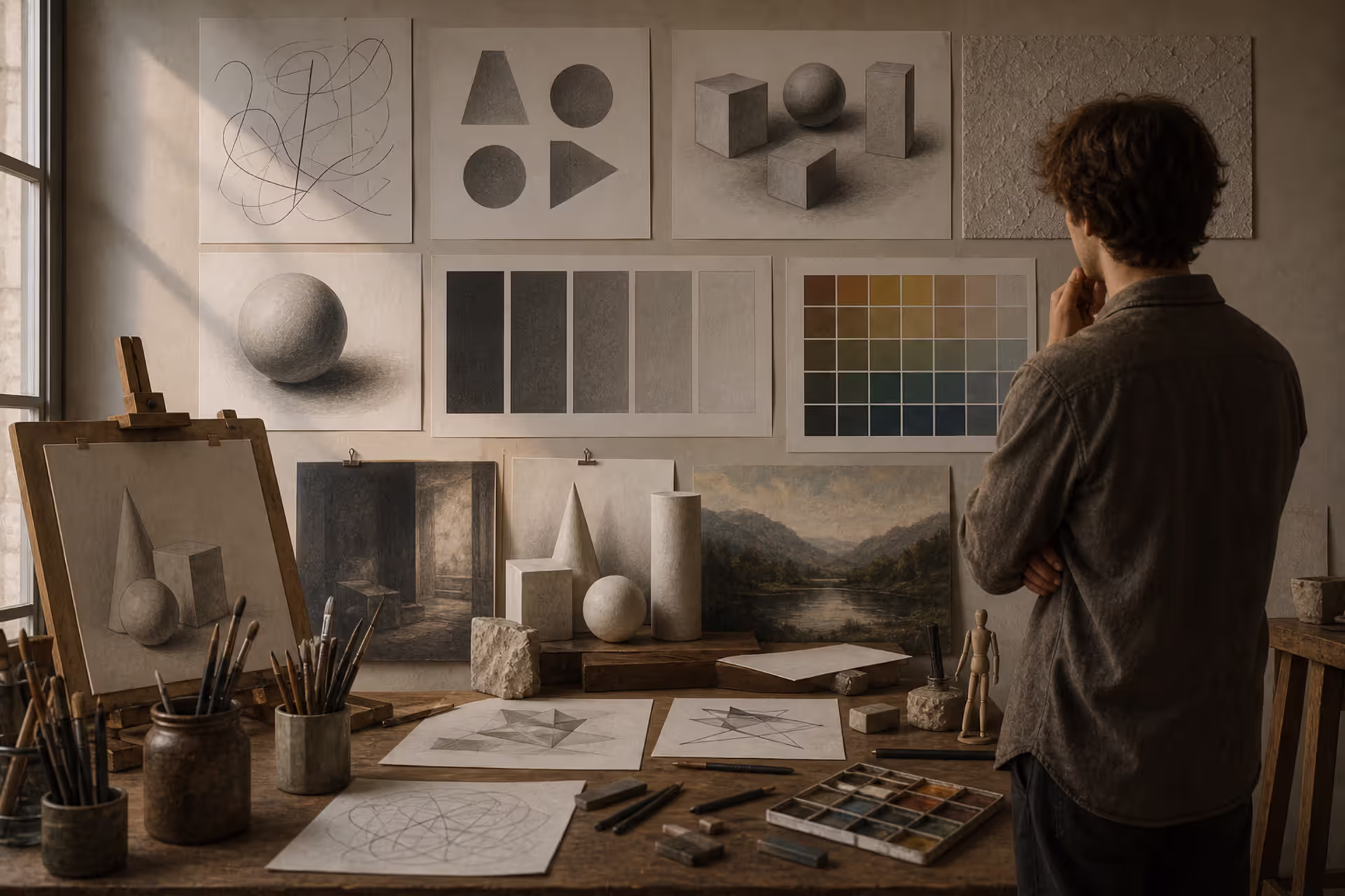 artist workspace showing examples of line shape form texture value space and color