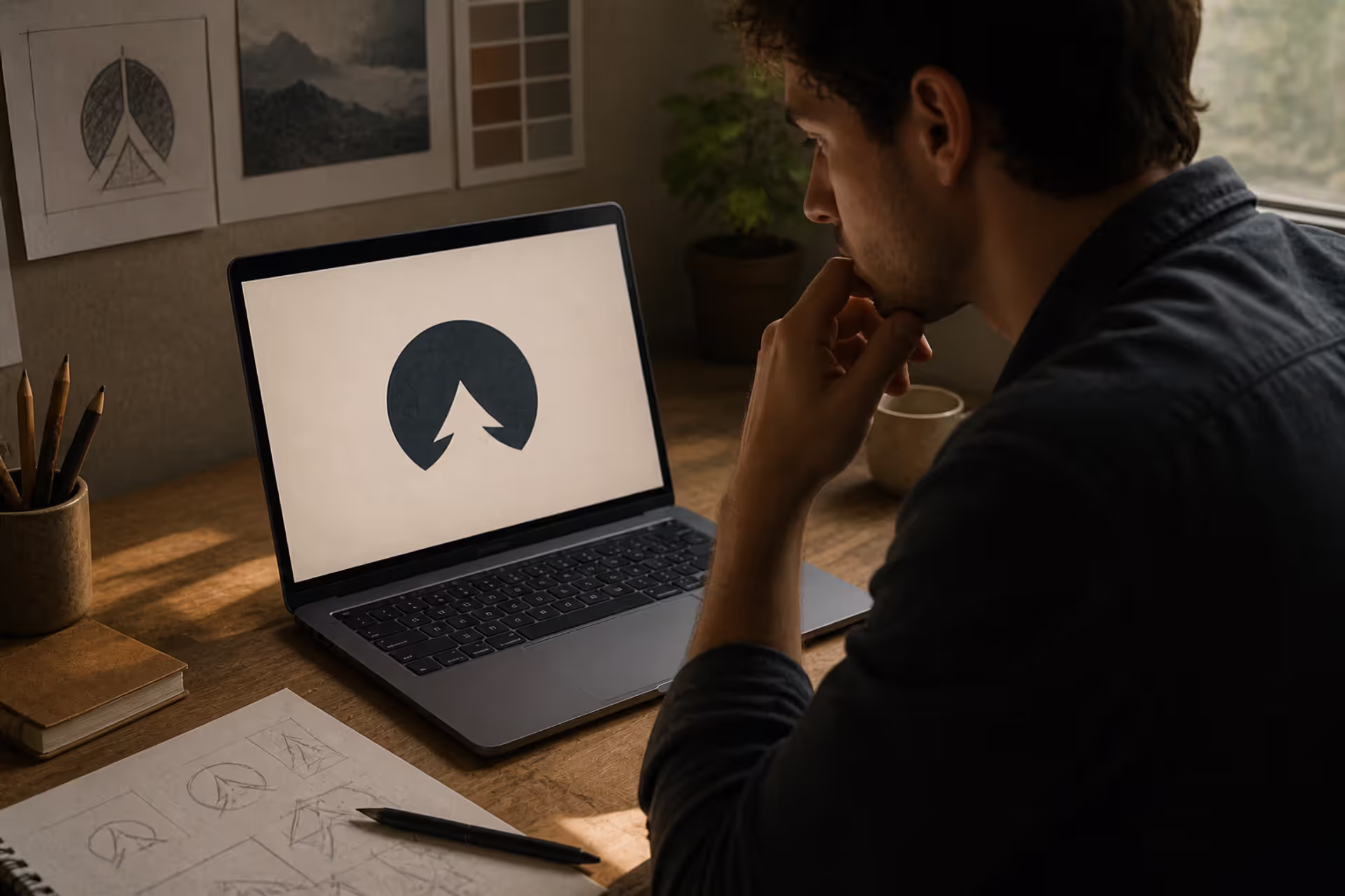 designer discovering hidden element in logo on laptop screen