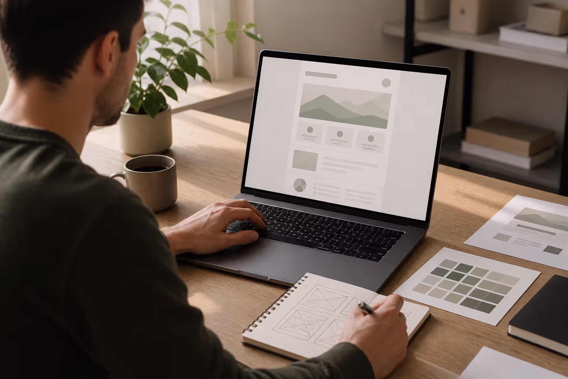 designer creating one pager layout on laptop with structured content blocks