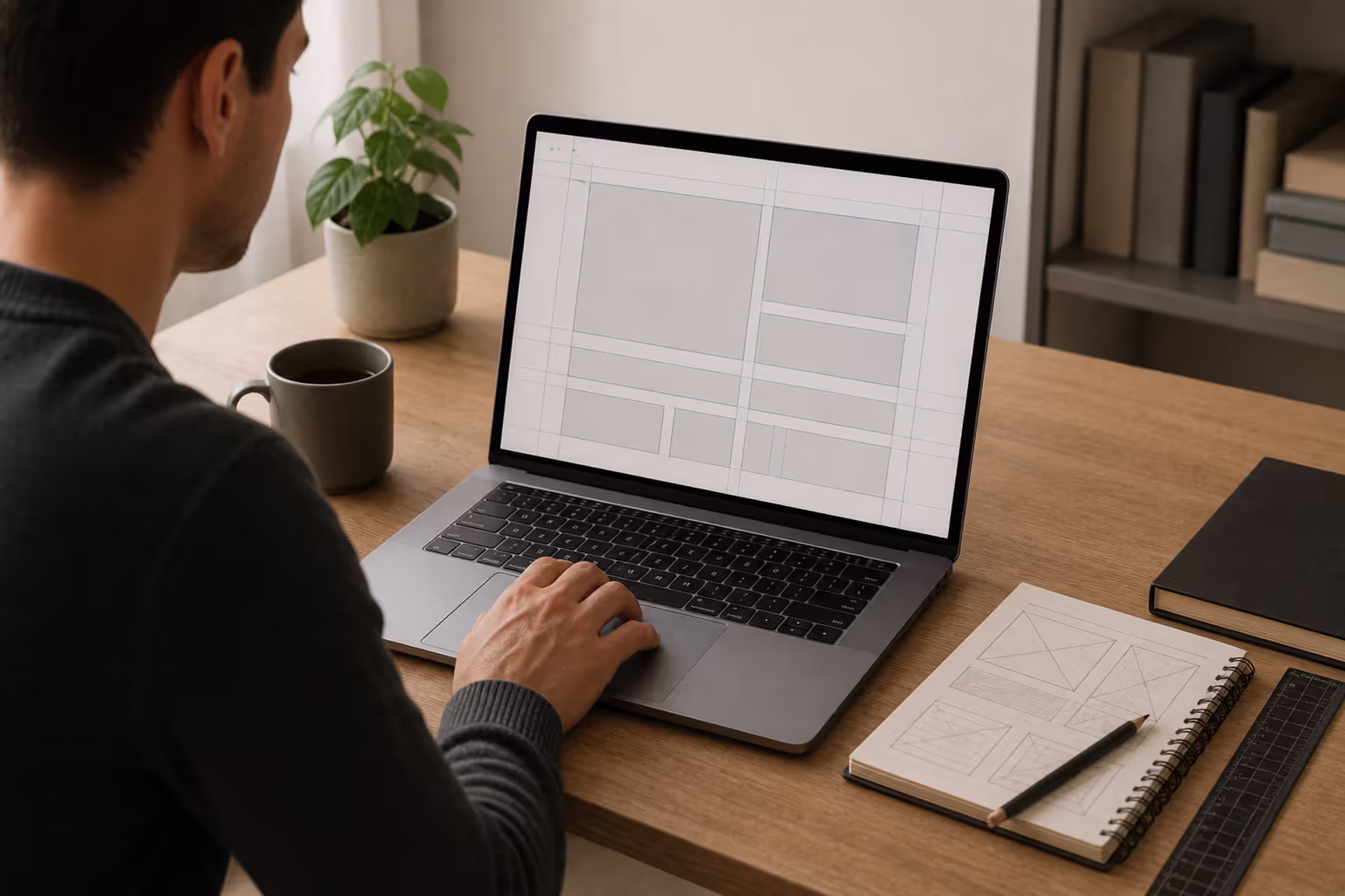 designer working with proportional layout grid on laptop screen