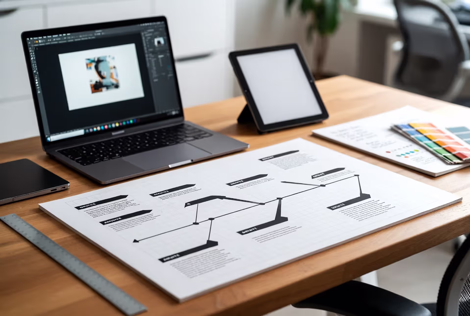 Timeline arrows guide visual storytelling