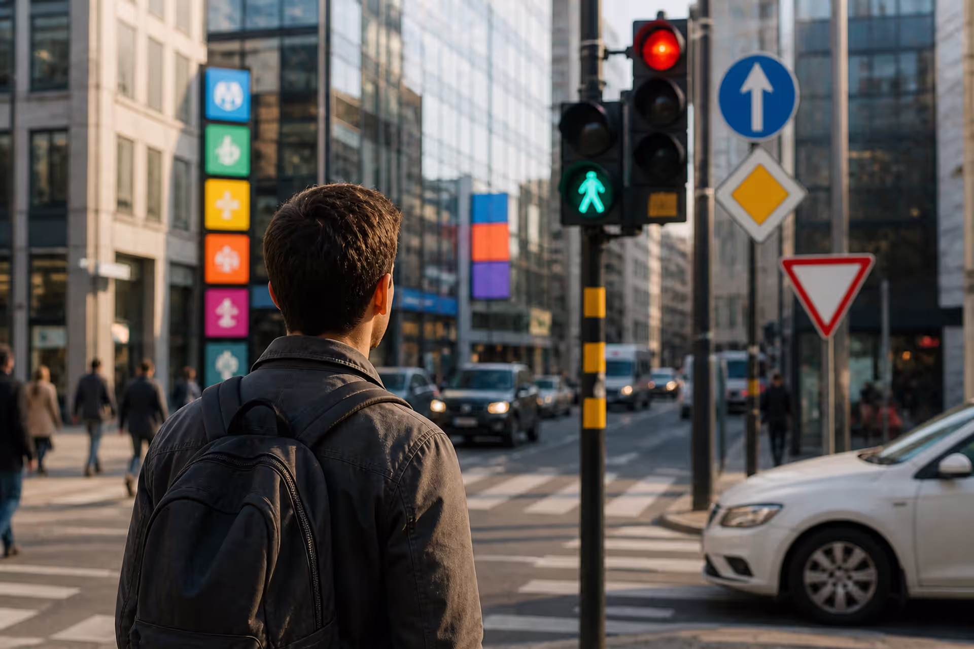person interpreting visual symbols and signs in environment