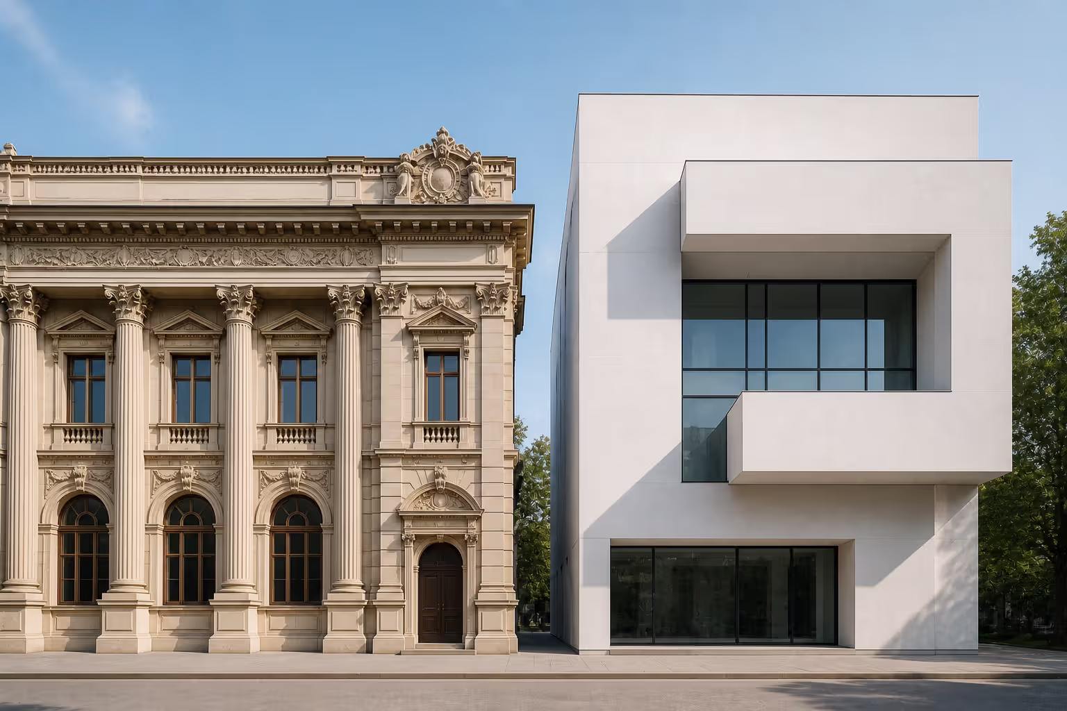 classical ornate building versus modernist minimalist architecture