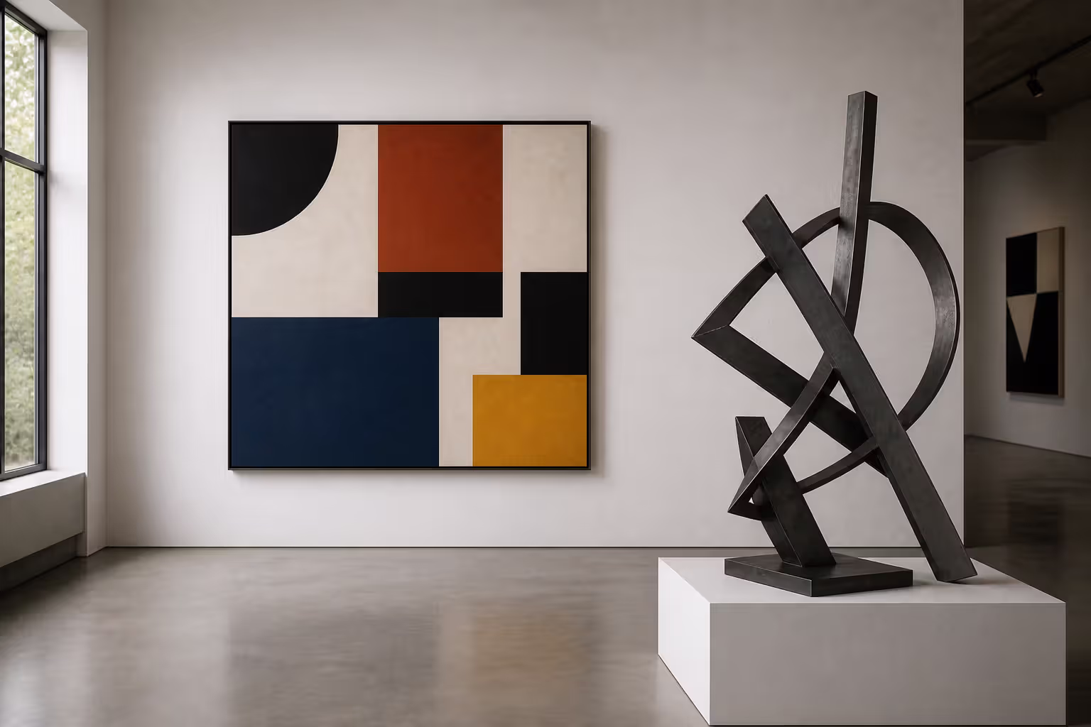 abstract modernist art with geometric painting and sculpture