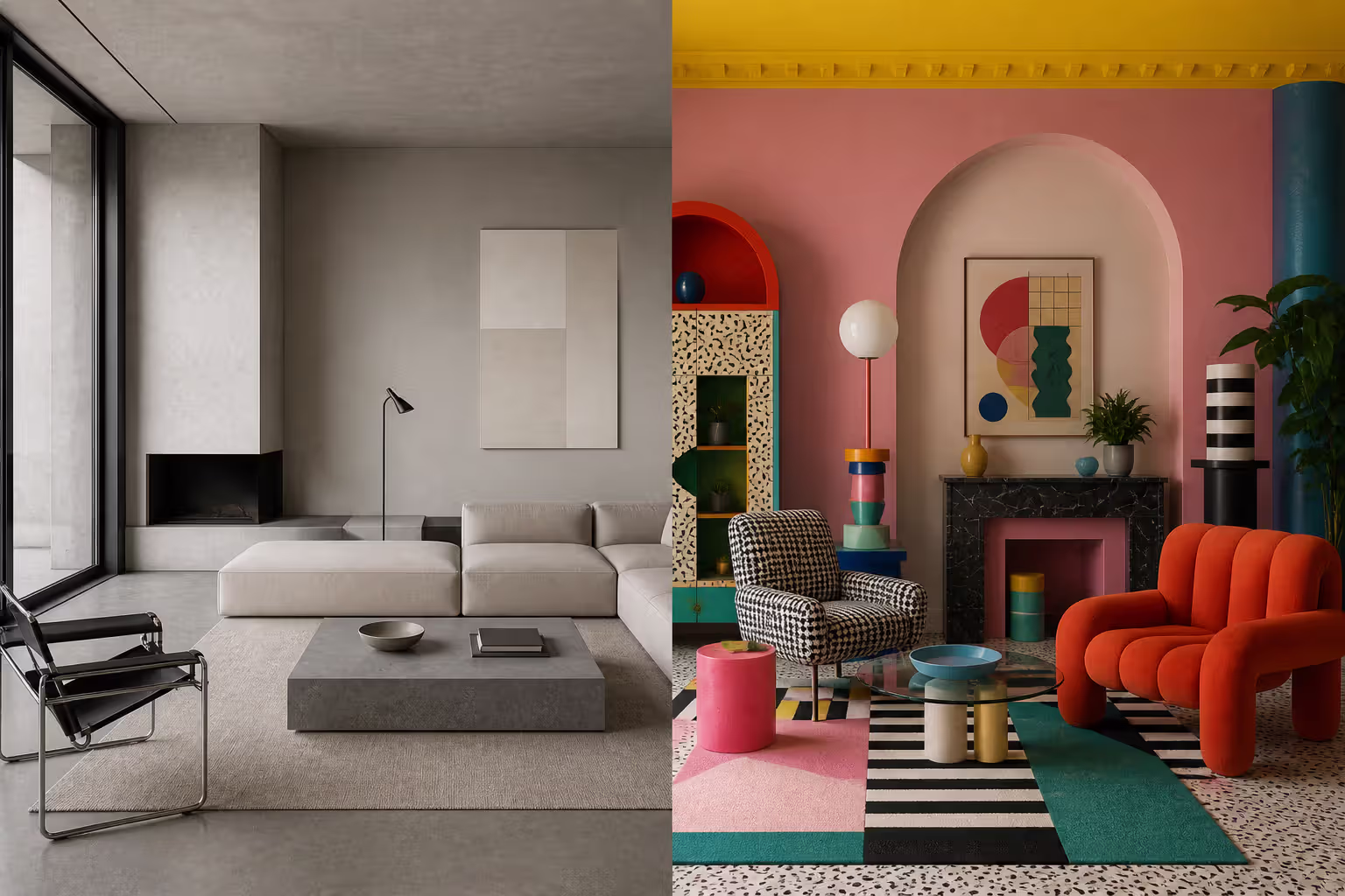 modernist minimalist interior versus postmodern decorative design