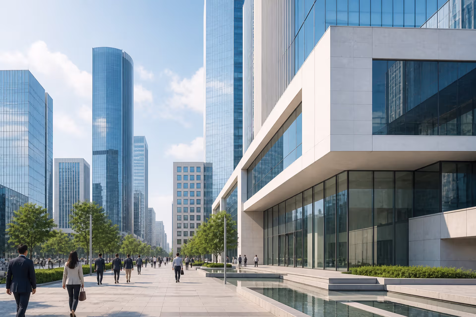 modernist cityscape with glass buildings and minimal geometric architecture
